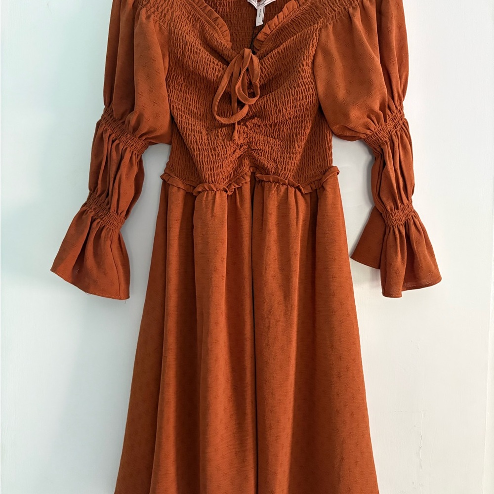 BCBGeneration Burnt Orange Off Shoulder Bubble Sleeve Dress